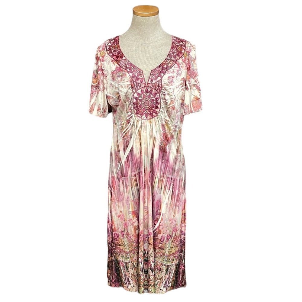 World Unity Romantic Stone Dress NWT Short Sleeve Notch Midi Pink Size Large L